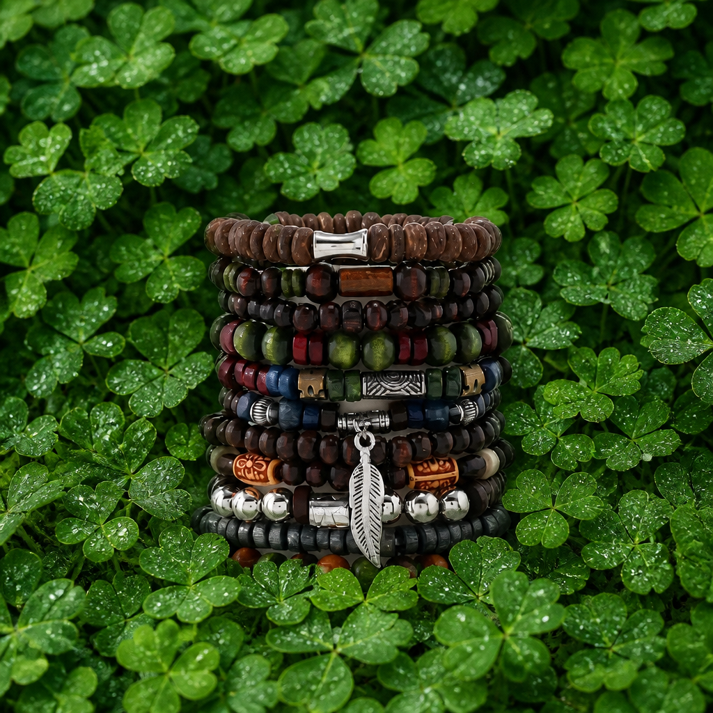 Bohemian Bracelet Set for Men & Women – 10 Pcs Wood & Leaf Charm