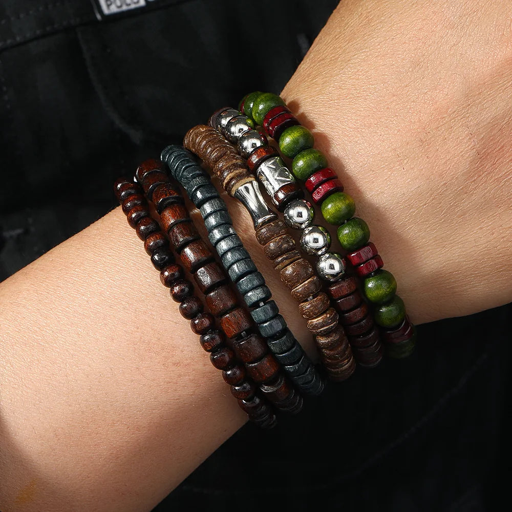 Bohemian Bracelet Set for Men & Women – 10 Pcs Wood & Leaf Charm