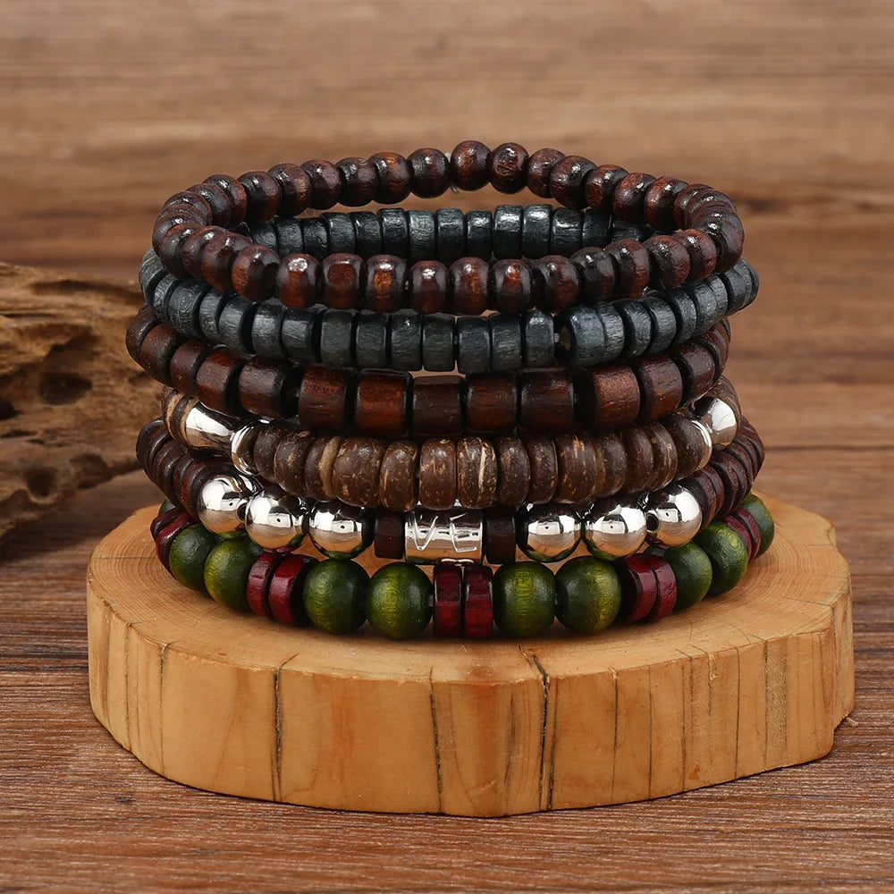 Bohemian Bracelet Set for Men & Women – 10 Pcs Wood & Leaf Charm