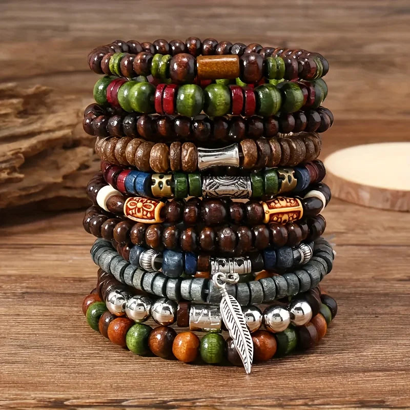 Bohemian Bracelet Set for Men & Women – 10 Pcs Wood & Leaf Charm