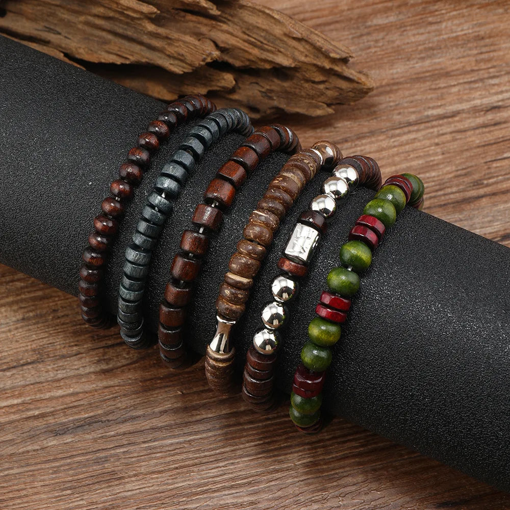 Bohemian Bracelet Set for Men & Women – 10 Pcs Wood & Leaf Charm