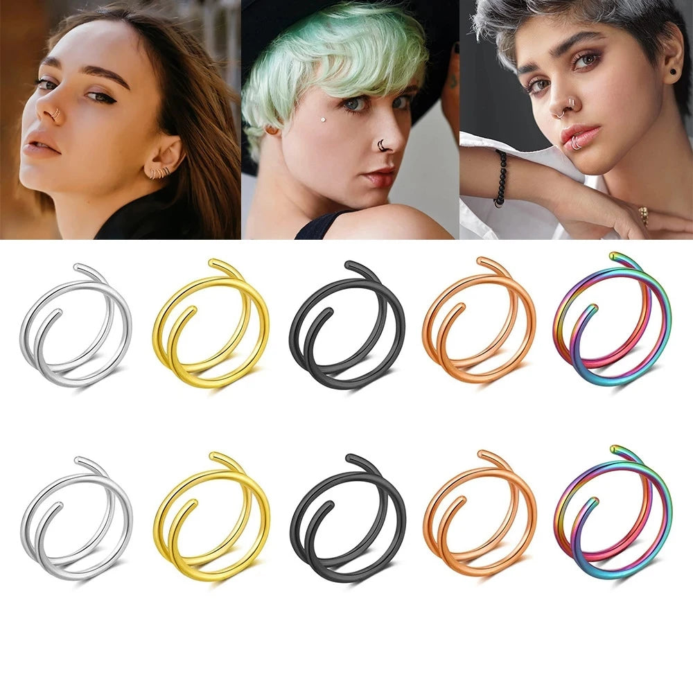 Double Nose Ring – Minimalist Spiral Hoop | Gold, Silver & Rose Gold