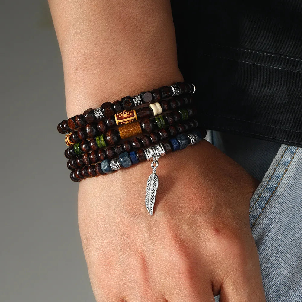 Bohemian Bracelet Set for Men & Women – 10 Pcs Wood & Leaf Charm