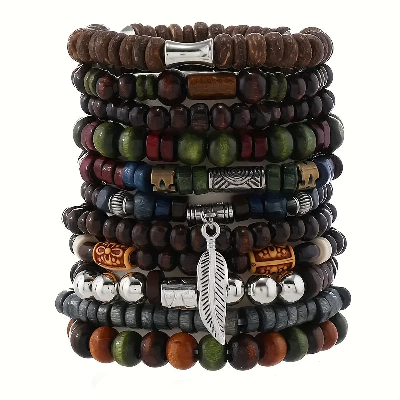 Bohemian Bracelet Set for Men & Women – 10 Pcs Wood & Leaf Charm