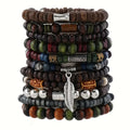 Bohemian Bracelet Set for Men & Women – 10 Pcs Wood & Leaf Charm
