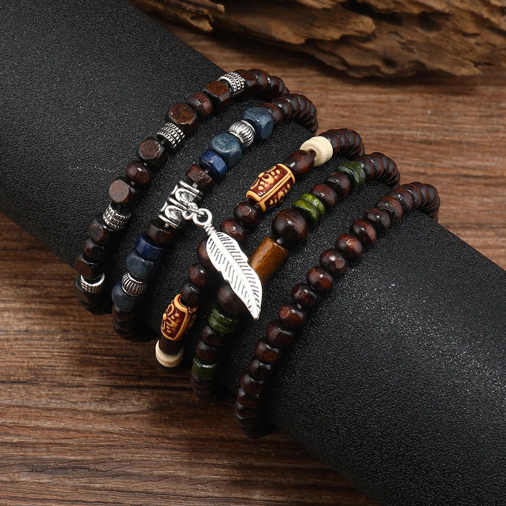 Bohemian Bracelet Set for Men & Women – 10 Pcs Wood & Leaf Charm