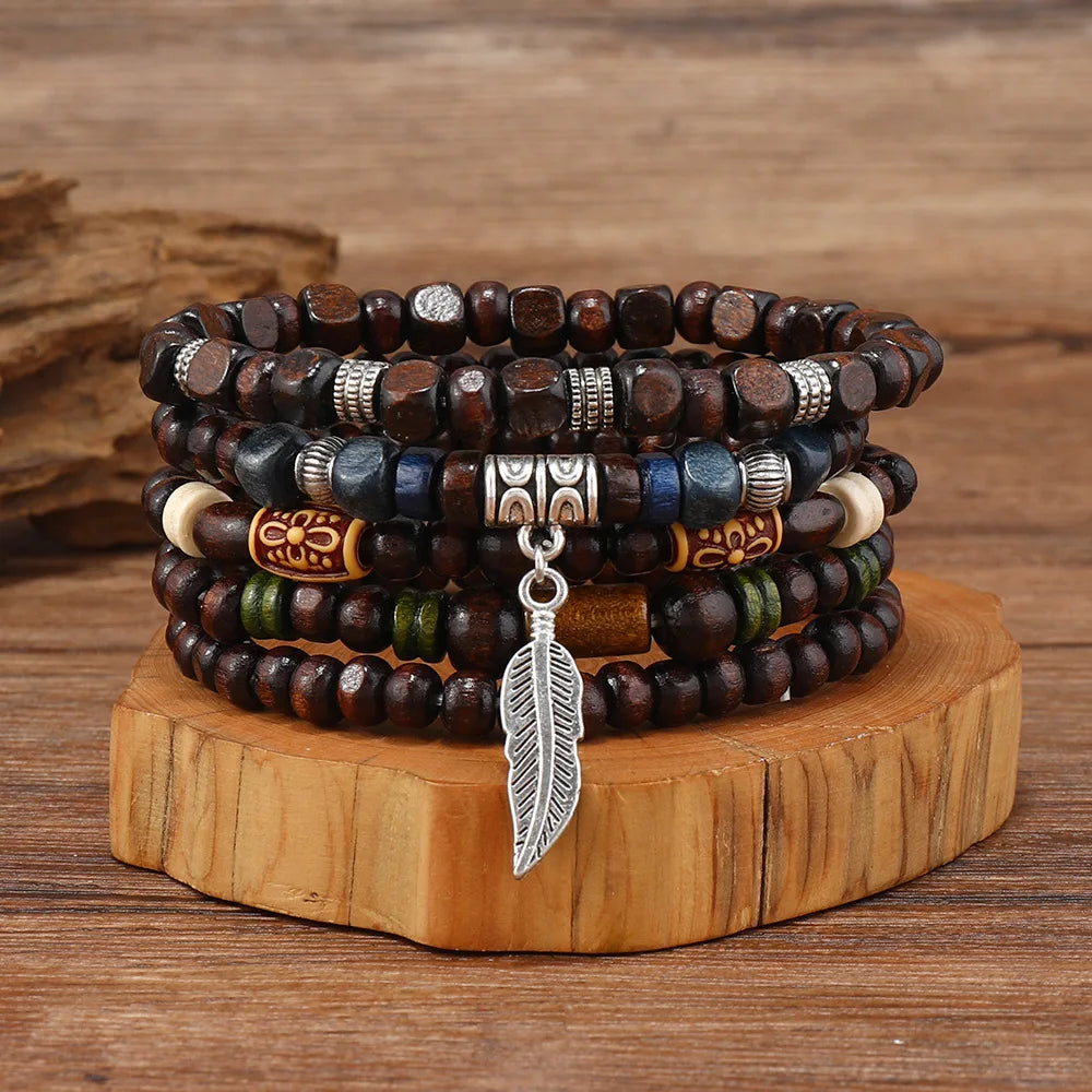 Bohemian Bracelet Set for Men & Women – 10 Pcs Wood & Leaf Charm