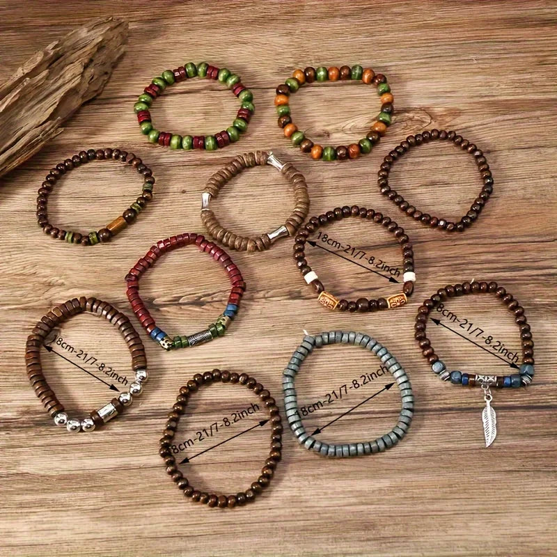 Bohemian Bracelet Set for Men & Women – 10 Pcs Wood & Leaf Charm